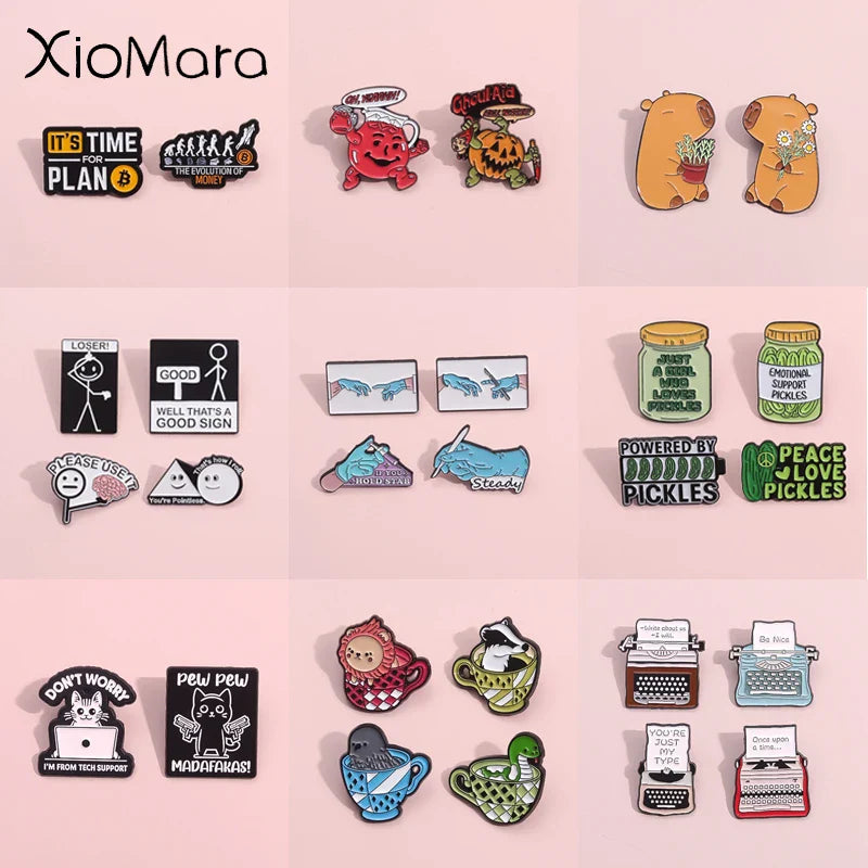 Enamel Pin Set Cartoon Animal Typewriter Quote Brooches Lapel Badge Jewelry Gifts