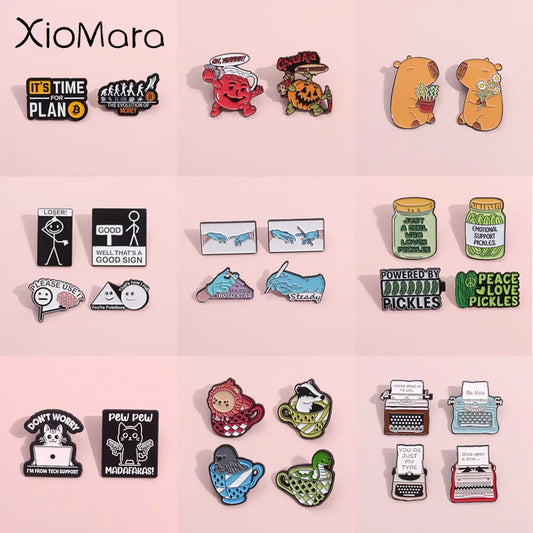 Enamel Pin Set Cartoon Animal Typewriter Quote Brooches Lapel Badge Jewelry Gifts