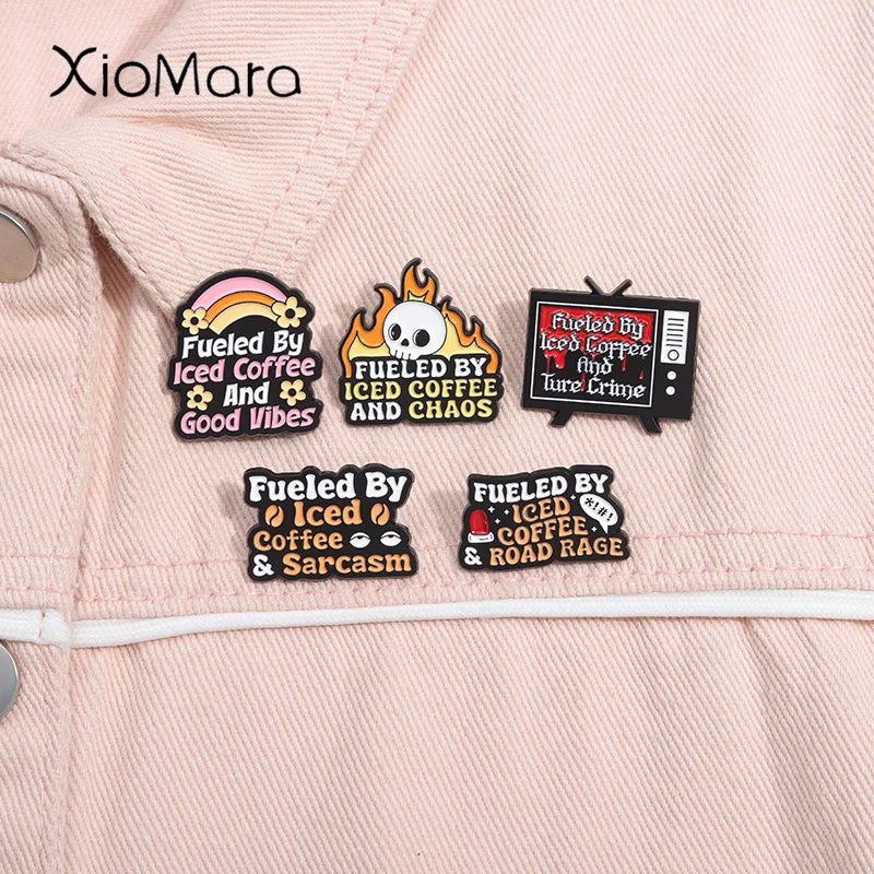 Fueled By Iced Coffee Road Rage Enamel Pin Retro TV Coffee Brooch Lapel Badge