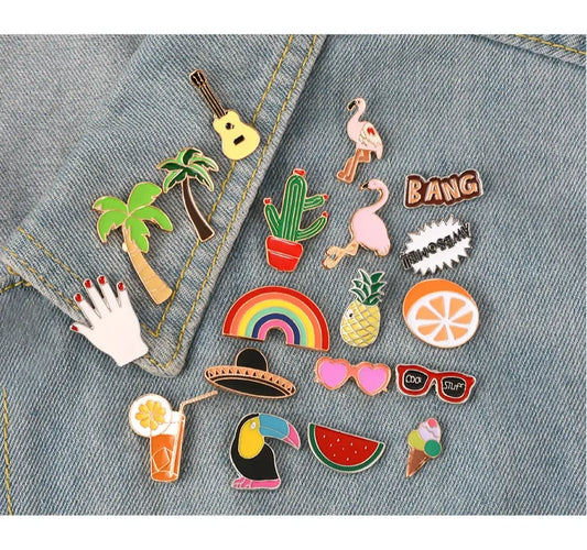 Pineapple Rainbow Lips Juice Flamingo Sunglass Watermelon Hat Guitar Brooch Denim Jacket Pin Badge Lapel Fashion