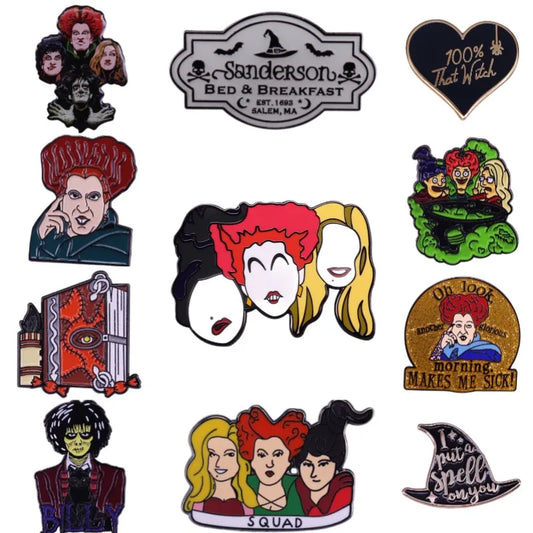 Hard Enamel Sanderson Sisters Billy Butcherson Halloween Pins Witch Spell Book Brooch Badges Wholesale