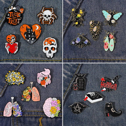 Goth Halloween Enamel Pin Set: Ghost, Black Cat, Moth, Witch, Punk Brooches, Horror Snake, Skeleton Jewelry