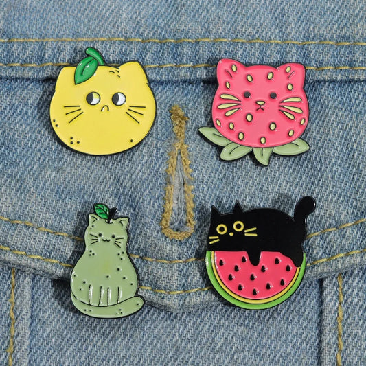 Avocado Strawberry Lemon Cat Enamel Pins Cute Kitten Brooches Lapel Badge Jewelry Gifts