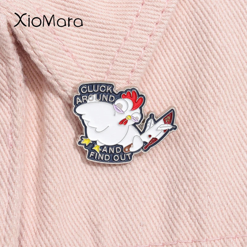 Cluck Around Find Out Chicken Knife Enamel Pin Brooch Jewelry Gift