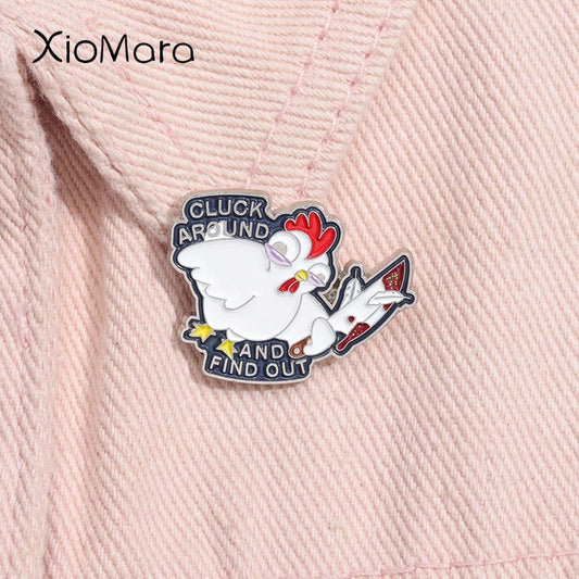 Cluck Around Find Out Chicken Knife Enamel Pin Brooch Jewelry Gift