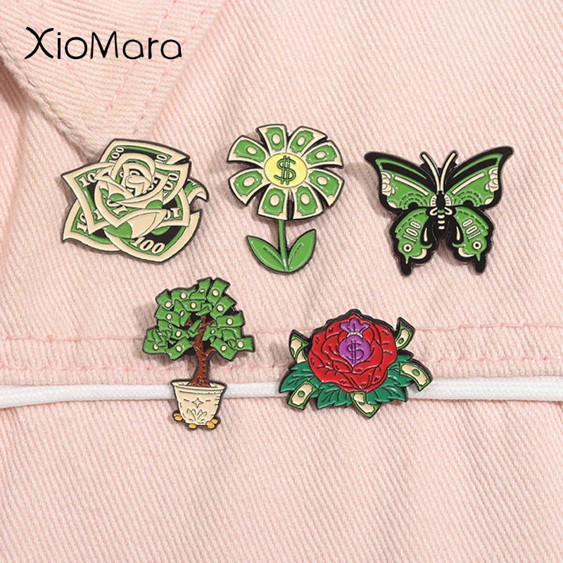 Creative Dollar Money Flower Enamel Pin Banknote Tree Brooch Lapel Badge Jewelry Gift