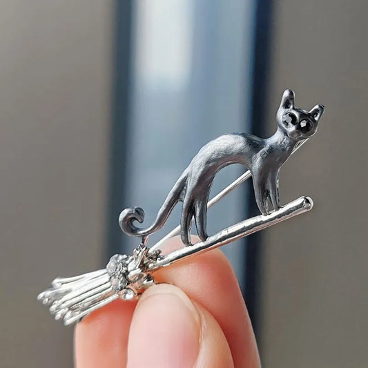 Enamel Cat Broomstick Brooch - Cute Cartoon Kitten Jewelry