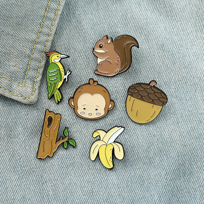 Monkey Woodpecker Banana Enamel Lapel Pin Cartoon Brooch Jewelry Hat Backpack Badge