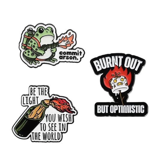 Burnt Out Optimistic Frog Enamel Pins Brooches Lapel Badge Jewelry Gift