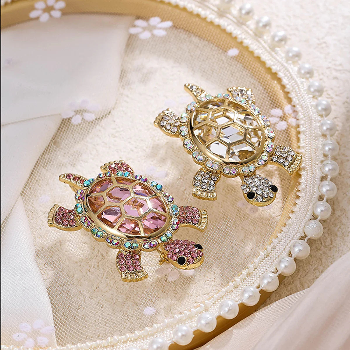 Diamond Turtle Brooch, Crystal Animal Pin, Daily Wear Accessory