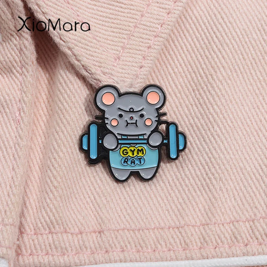 Cartoon Gym Mouse Enamel Pin Weightlifting Brooch Badge Jewelry Gift