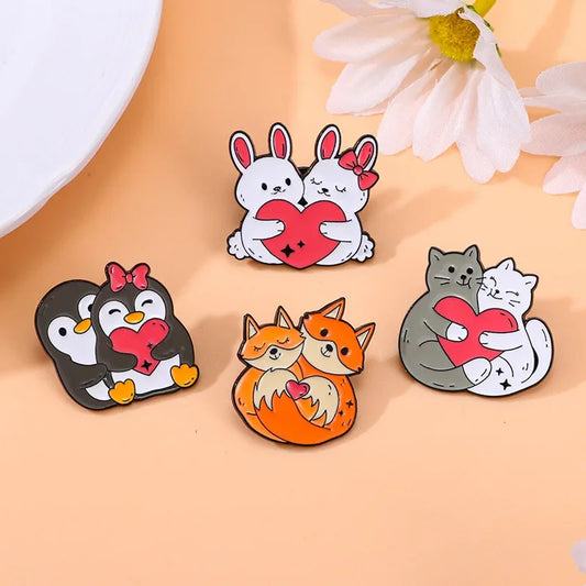 Elviragirl Animal Heart Brooch Penguin Cat Rabbit Fox Lapel Pin Badge Accessories