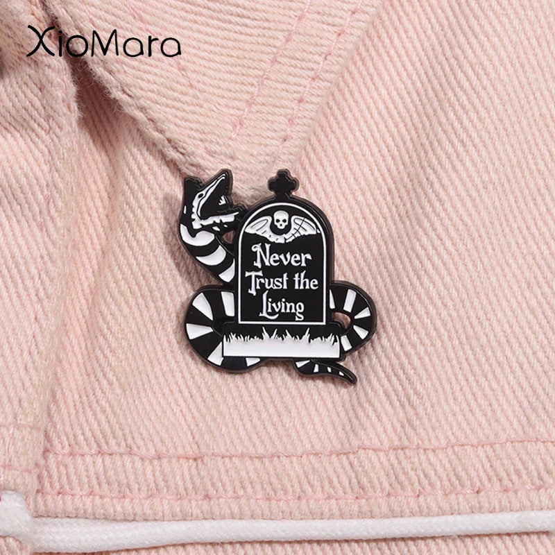 Never Trust the Living Enamel Pin Halloween Skeleton Snake Brooch Lapel Badge