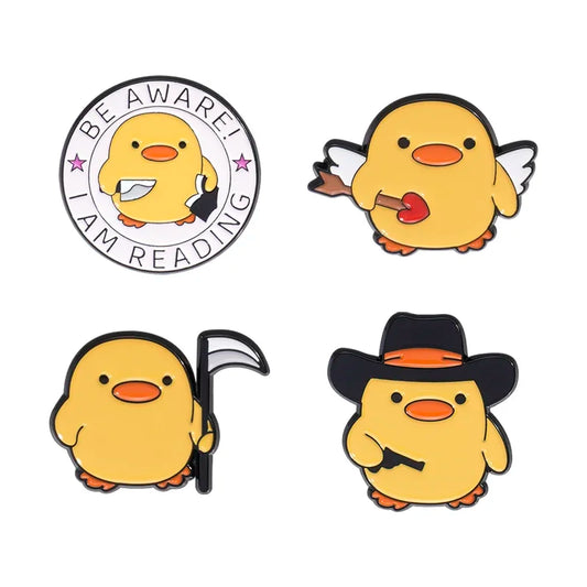 Kawaii Yellow Duck Enamel Pin with Hat and Guns Lapel Badge Jewelry