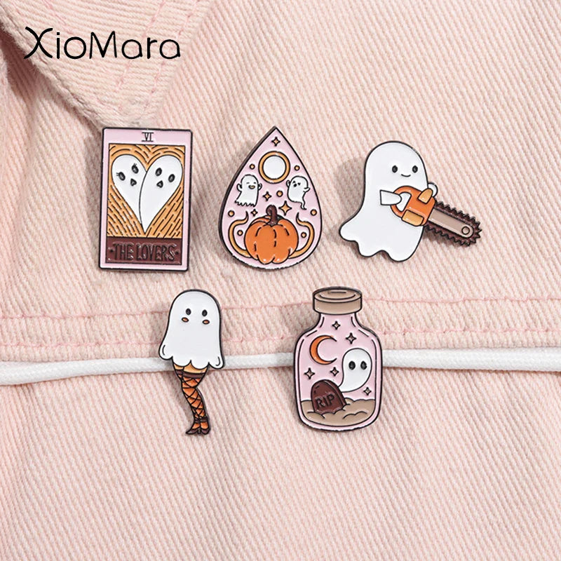 Ghost Tarot Lovers Enamel Pin Halloween Chainsaw Pumpkin Brooch Lapel Badge Jewelry Gifts