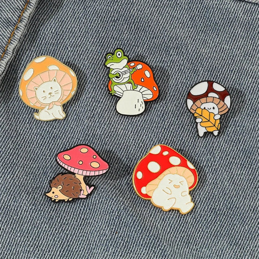 Cartoon Animal Mushroom Enamel Pin Frog Cat Hedgehog Brooch Badge Gift