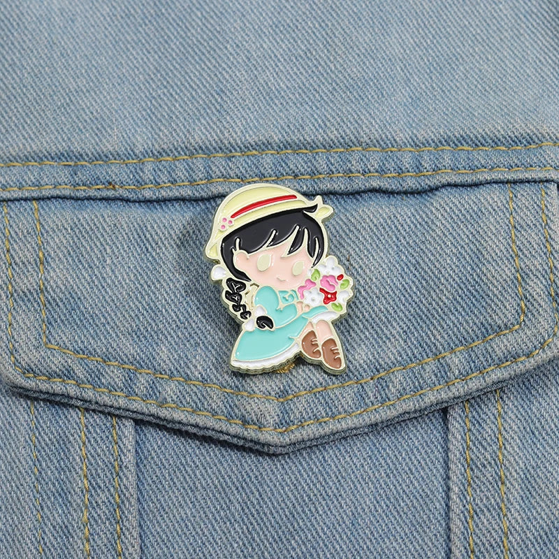 Cute Girl Straw Hat Enamel Pins Flowers Brooches Lapel Badges Cartoon Jewelry Gift for Kids Friends