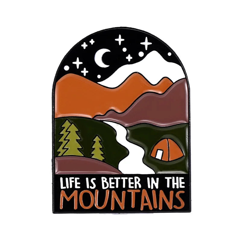 Camping Hiking Slogan Metal Badges Brooch Enamel Pins Backpack Hat Jewelry Gift