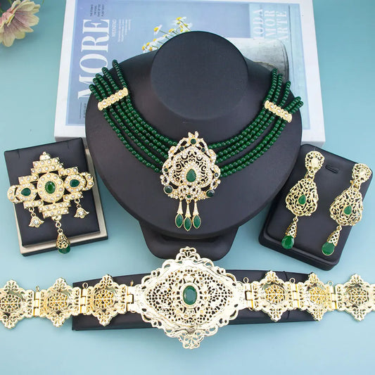 Sunspicems Gold Caftan Belt Waist Chain Beads Choker Necklace Earrings Bridal Jewelry