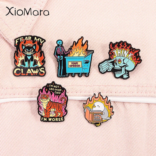 Fear My Claws Skull Enamel Pin - Punk Cat Mental Health Brooch Lapel Badge