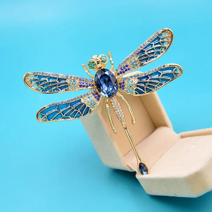 Blue Crystal Dragonfly Brooch Pin Woman's Gift