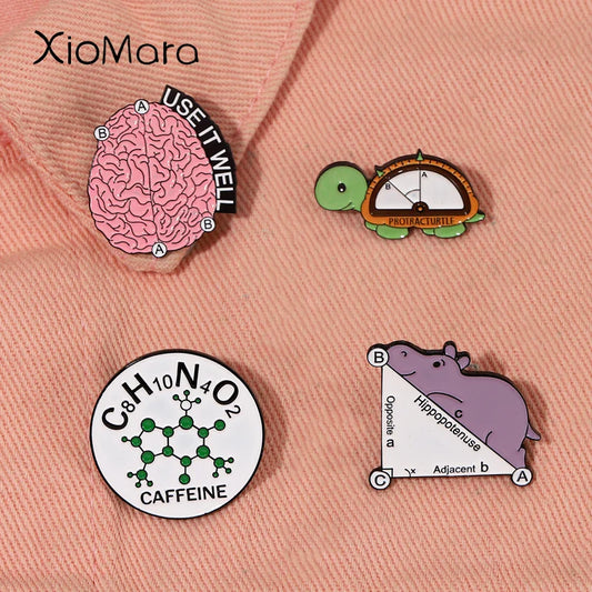 Mathematical Tool Enamel Pin: Caffeine Brain Tortoise Protractor Ruler Brooch Gift for Teacher