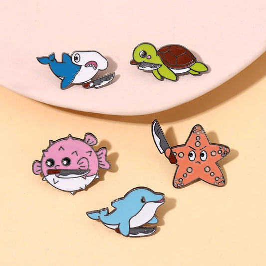 Starfish Puffer Fish Turtle Whale Enamel Pins Stamps Suitcase Hot Air Balloon Brooch Badge Jewelry Gift