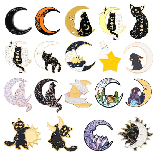 Moon Enamel Pins Black Orange Crescent Cat Rabbit Brooch Astronomy Lapel Jewelry Gift