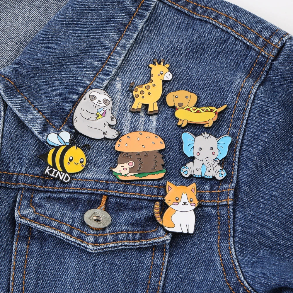 Cute Kawaii Animal Enamel Brooches: Hedgehog, Bee, Sloth, Giraffe, Elephant, Hot Dog, Cat Pins for Kids Backpack