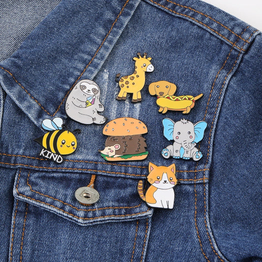 Cute Kawaii Animal Enamel Brooches: Hedgehog, Bee, Sloth, Giraffe, Elephant, Hot Dog, Cat Pins for Kids Backpack