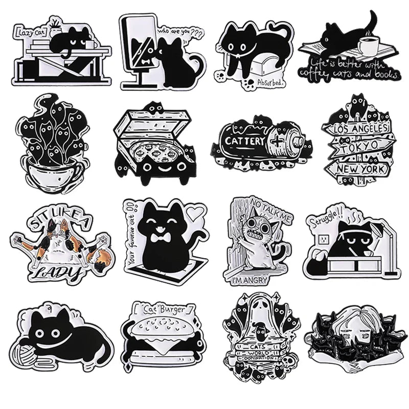 Cartoon Punk Black Cat Enamel Pin Lapel Badge Jewelry Gift for Cat Lovers