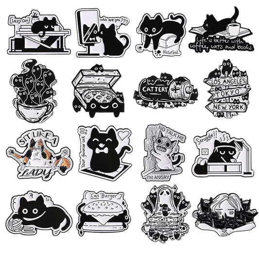 Cartoon Punk Black Cat Enamel Pin Lapel Badge Jewelry Gift for Cat Lovers