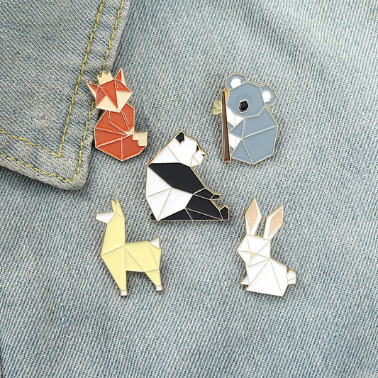 Origami Animal Enamel Pin Fox Panda Koala Alpaca Rabbit Brooch Lapel Badge Jewelry Gifts