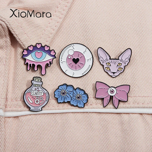 Pink Horror Enamel Pins Eyeball Bow Clarity Potion Hairless Cats Brooch Lapel Backpack Badge Halloween Jewelry Gift