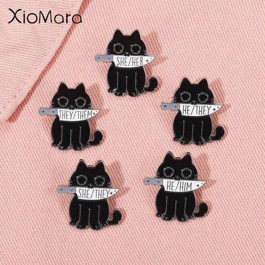 Pronoun Enamel Pin Black Cat Knife Brooch Jewelry Gifts