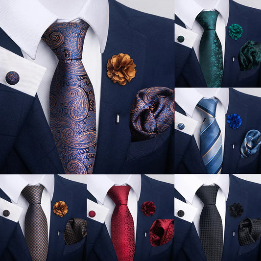 Luxury Black Gold Floral Paisley Tie Set with Pocket Square, Cufflinks, Brooch