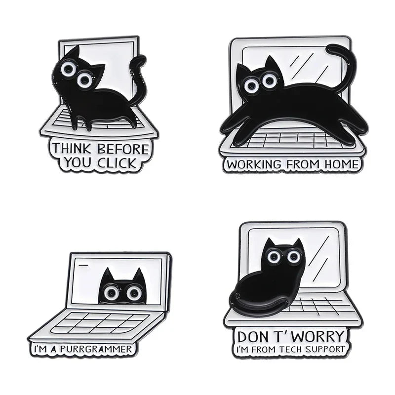 Black Cat Enamel Pin THINK BEFORE YOU CLICK Lapel Badge Jewelry Accessories