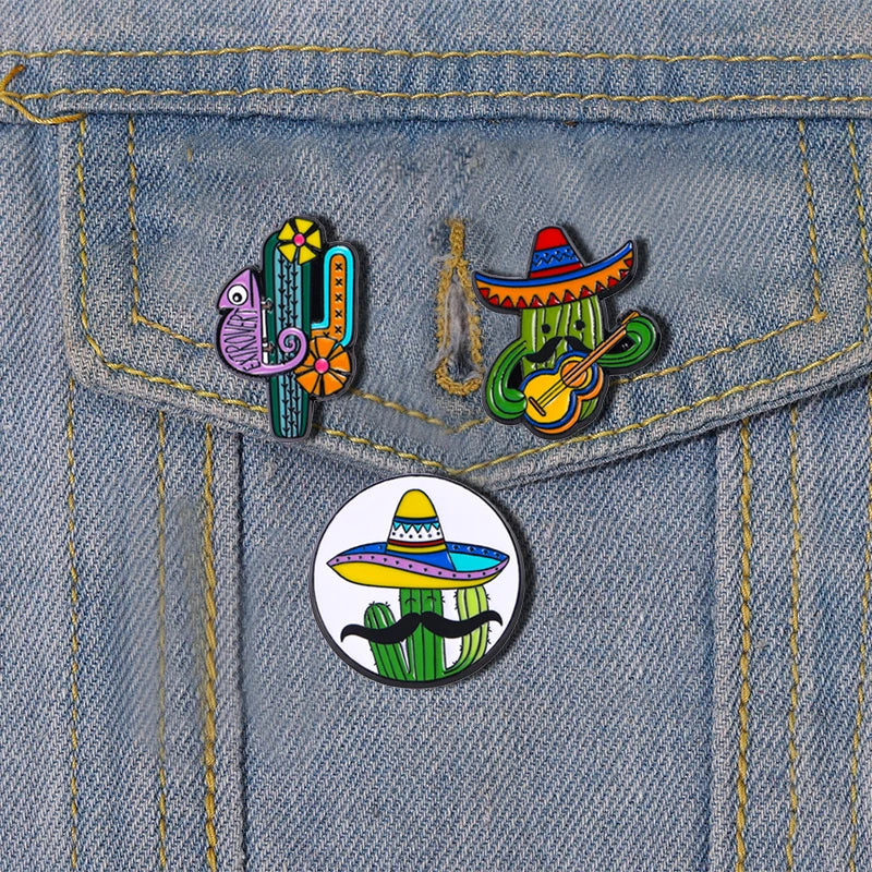 Mexican Cactus Enamel Pin Chameleon Guitar Brooch Cute Lapel Jewelry Gift