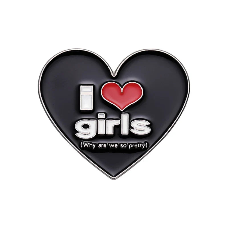 I Love Girls Enamel Pins Black Heart Brooch Punk Jewelry Gift
