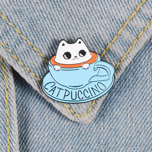 Cat Coffee Enamel Pin Cute Animal Brooch Lapel Badge Gift