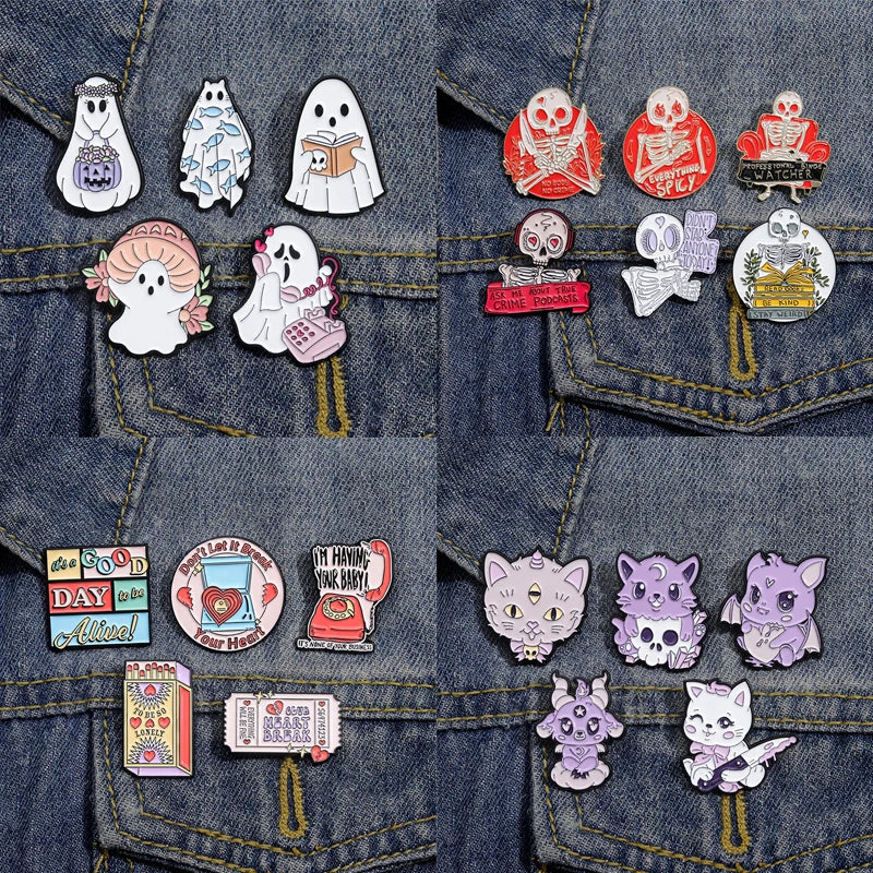 Cartoon Enamel Pin Set: Punk Gothic Skeleton Ghost Cat Brooches Lapel Badges Gift for Kids