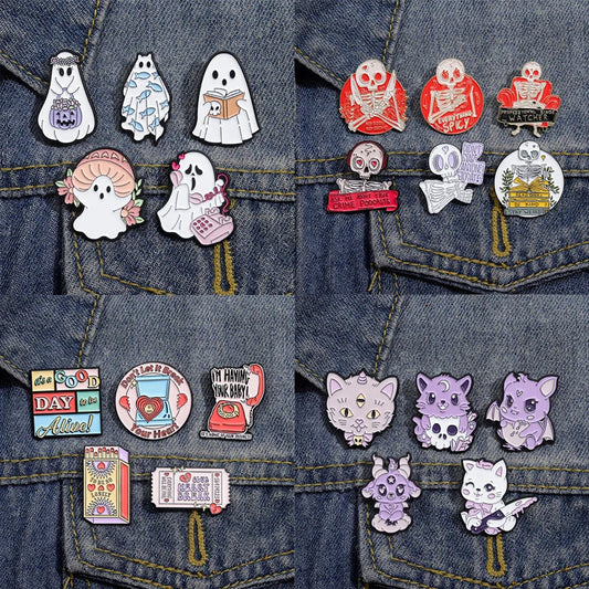 Cartoon Enamel Pin Set: Punk Gothic Skeleton Ghost Cat Brooches Lapel Badges Gift for Kids