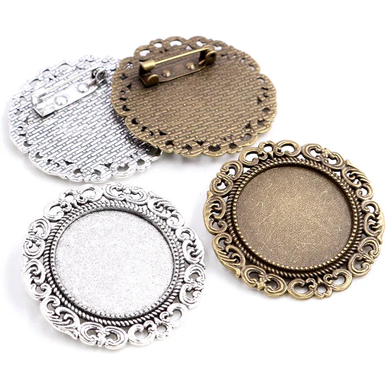 Antique Silver Bronze Baroque Brooch 25mm Cabochon Base 5pcs