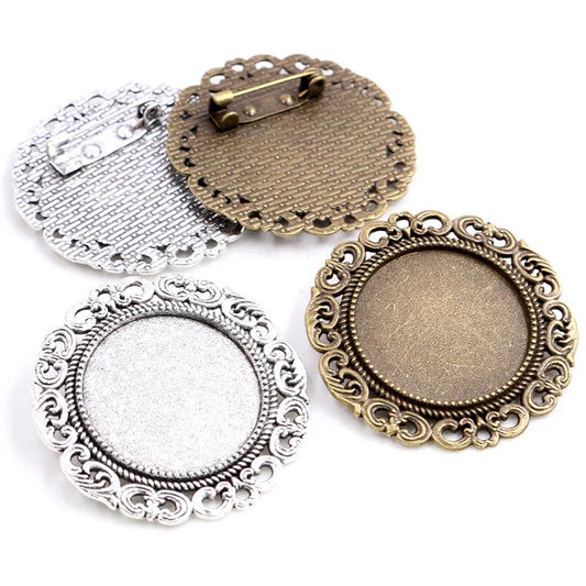 Antique Silver Bronze Baroque Brooch 25mm Cabochon Base 5pcs
