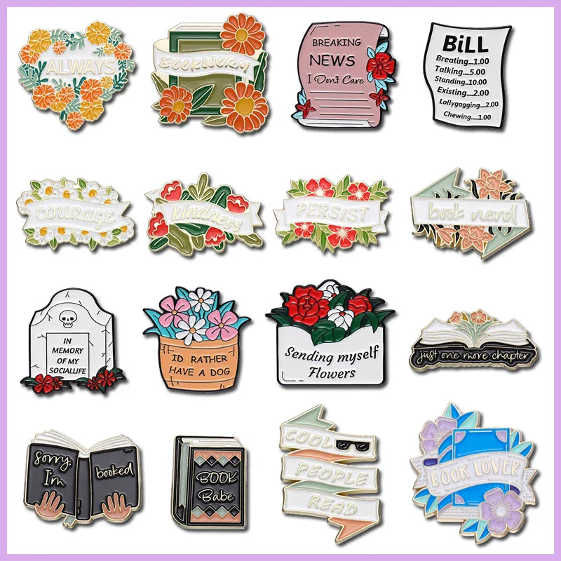 Book Lover Enamel Pins Courage Kindness Persist Flower Brooch Lapel Jewelry Gift