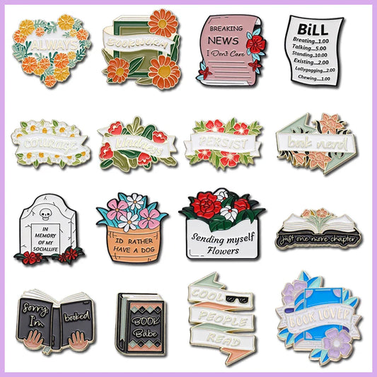 Book Lover Enamel Pins Courage Kindness Persist Flower Brooch Lapel Jewelry Gift