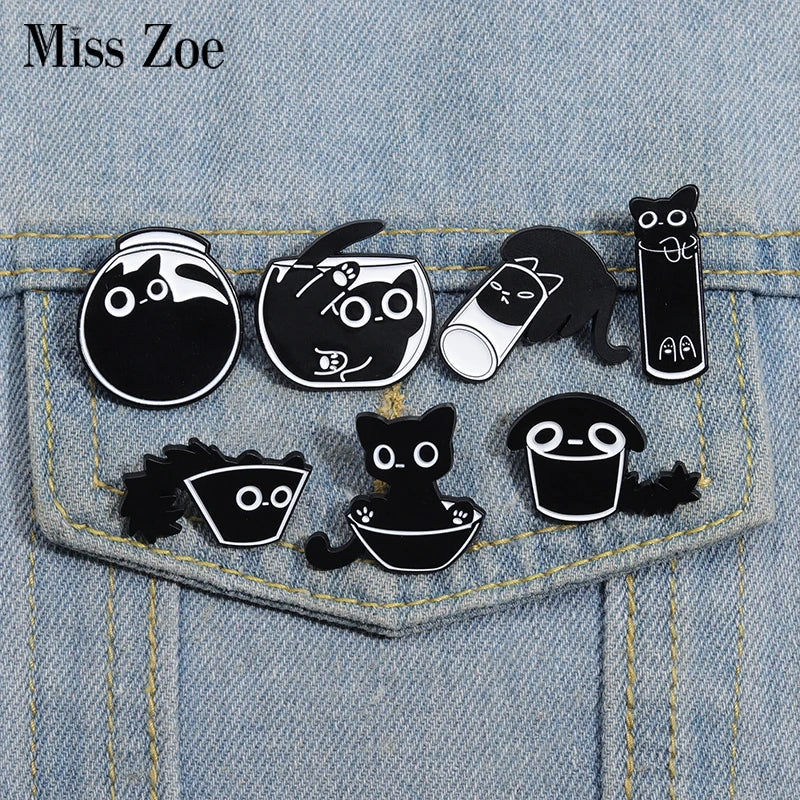 Cute Cat Enamel Pins Black Kitten Terrarium Brooches Lapel Badges Cartoon Animal Jewelry Gift