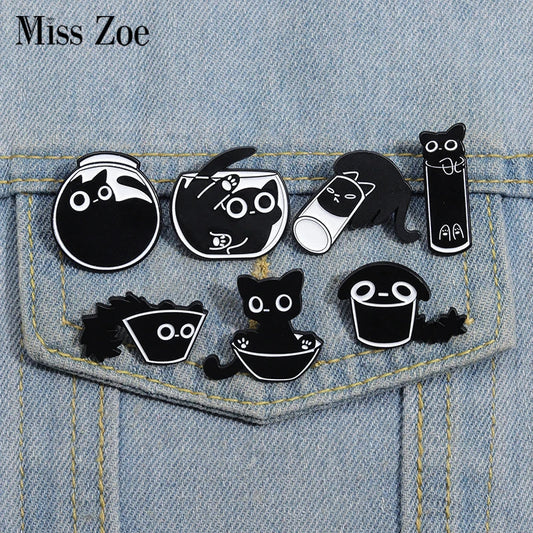 Cute Cat Enamel Pins Black Kitten Terrarium Brooches Lapel Badges Cartoon Animal Jewelry Gift