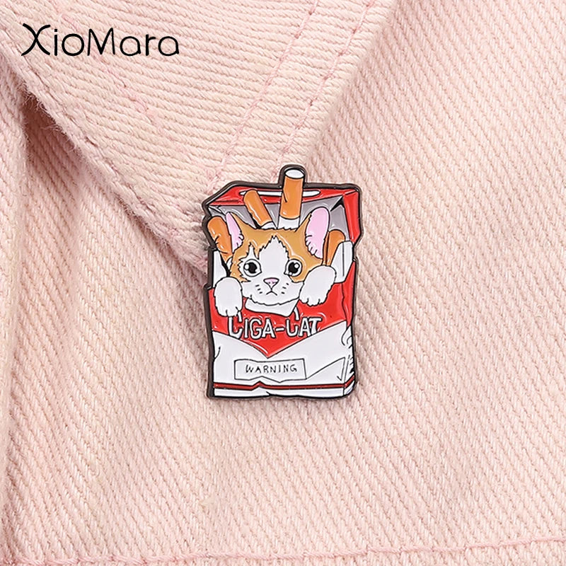 Cat in Cigarette Box Enamel Pin Cute Animal Brooch Lapel Badge Jewelry Gift
