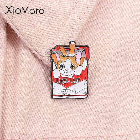 Cat in Cigarette Box Enamel Pin Cute Animal Brooch Lapel Badge Jewelry Gift